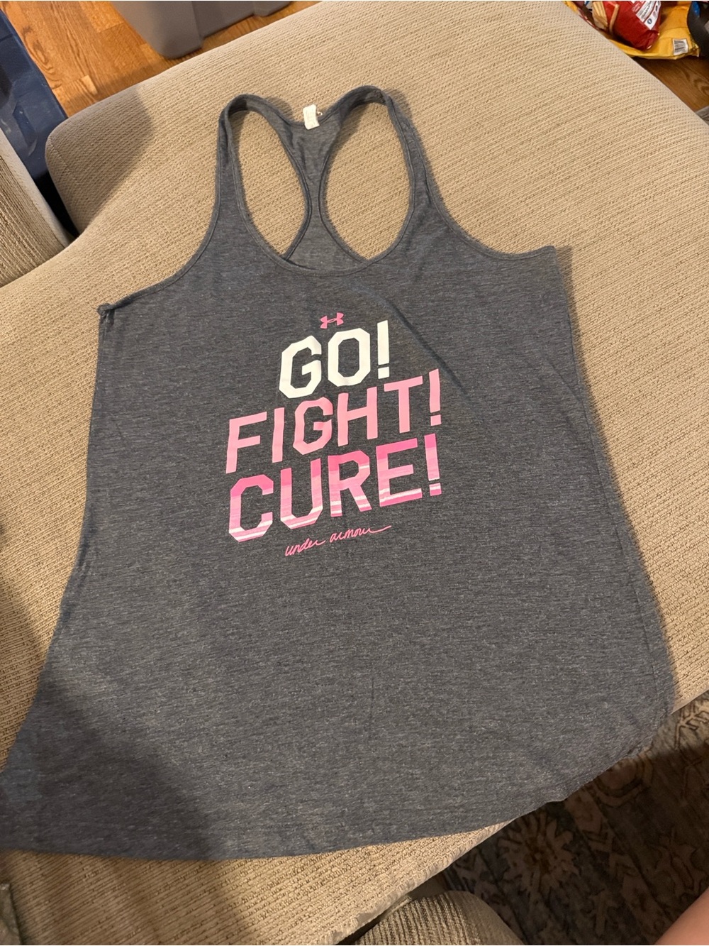 Under Armour Charcoal Racerback Tank with Pink and White Graphic